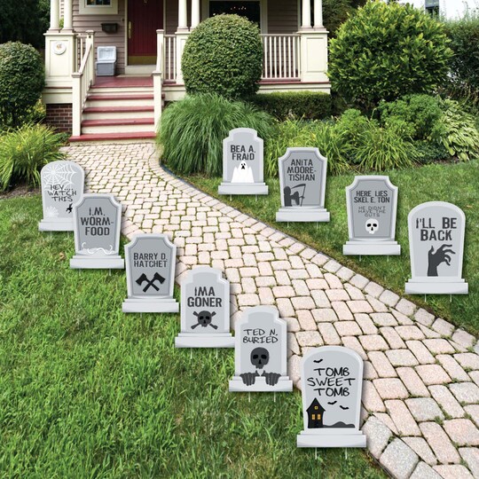 Big Dot of Happiness; Big Dot of Happiness Funny Tombstones - Graveyard Lawn Decorations - Halloween Yard Decorations - 10 Piece; Category:Outdoor Halloween Decorations; Image:1